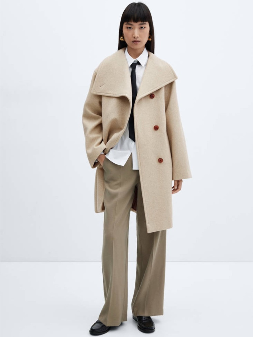 Mango Midi Maxi Lapel Coat Beige Wool Blend Oversized Size XL NWT New